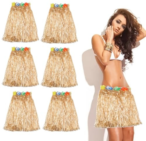 6 Stück 40 cm Hula Gras Rock Hawaiian Leis Tanzkleid Set mit Blume, elastischer Rock goldene Strohfarbe für Hawaiian Aloha Beach Summer Party Supplies