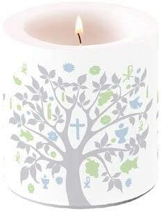 ZauberDeko Kerze Baum des Lebens Grau Windlicht Kommunion Konfirmation Tischdeko 9cm Hoch 7,5cm Ø