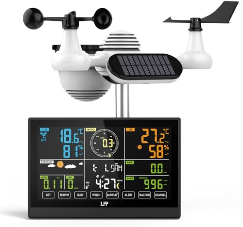 LFF Wetterstation Funk mit Außensensor, Funkwetterstation mit DCF-Funkuhr, Regenmesser, windmesser, UV-Index, Wettervorhersage, Mondphase, Wetterstation mit 4-Stufen Hintergrundbeleuchtung (Kein WLAN)