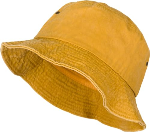 styleBREAKER Unisex Fischerhut Einfarbig in Vintage Washed Optik, Bucket Hat, Stoff Sonnenhut Unifarben 04025045, Farbe:Senf