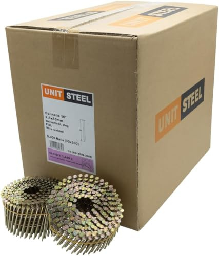 UnitSteel Coilnägel - 2,5x55mm, 9.000 Stück, Ringnägel für Druckluft-Nagler, Ring/verzinkt, für fast alle Marken von Tackern