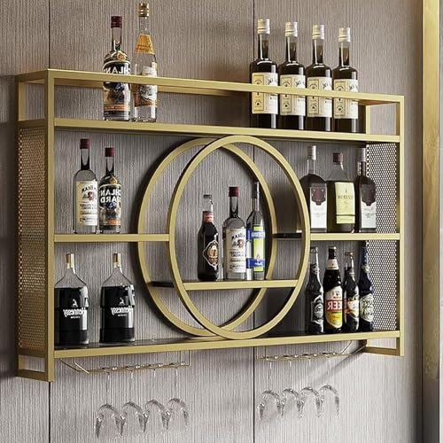 GXQFC Weinregal zur Wandmontage, Flaschenregal Hängend Weinregale Küchenregal Weinregal Palette Eisen Wandbar Wand Flaschenhalter Weinglasregal Für Die Bar(Size:120 * 15 * 80cm,Color:Gold)
