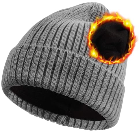 CHUANGLI Übergroße XXL-Wintermütze aus Wolle für Herren und Damen, mit Fleece gefüttert, weich, warm, Strickmütze, Skistrumpf mit Bündchen, hellgrau, XL/XXL