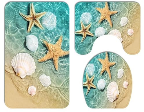 Bad Teppiche Set 3-Teiliges Grüne Gelbe Muscheln WC Vorleger Mit Ausschnitt Badematte Saugfähig WC Deckelbezug Badvorleger rutschfest Waschbar Toilettensitzbezug Badgarnitur (50x80cm)