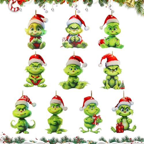10 Pcs Weihnachtsbaum Deko, Weihnachtsbaumschmuck, Christbaumschmuck, 2D Acryl-Anhänger mit Elastischer Kordel, Weihnachtsanhänger Christmas Decorations Puppen Ornamente
