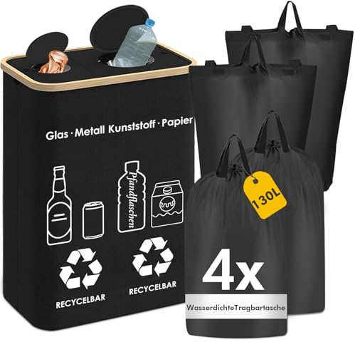 130L Pfandflaschen Sammelbehälter, 2 Fächer Pfandflaschen Aufbewahrung, Schwarz Pfandflaschen Behälter mit Decke, Wasserdicht Faltbar Pfandbehälter, Pfandbehälter Flaschen Organizer mit 4 Tragetasche