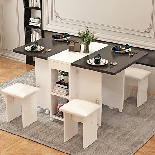 WADRBSW Klapptisch Klappbarer Esstisch, Ausziehbarer Rechteckiger Küchentisch Aus Holz Mit Rollen Und 4 Hockern, Kleiner Esstisch Für Küche, Wohnzimmer,120CM to Pursue Happiness