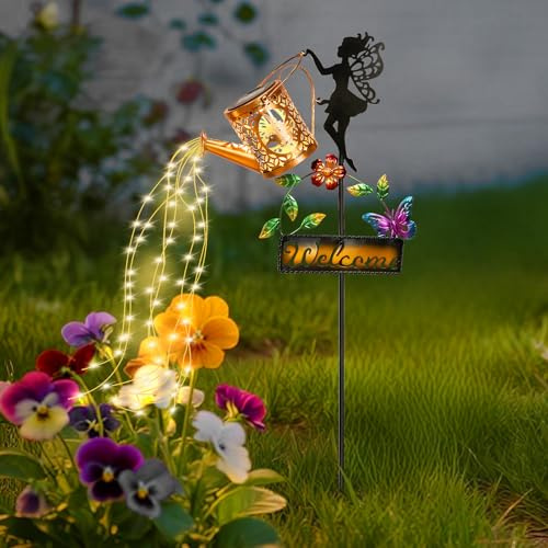 Tremdwoto solarlampen für außen garten，Solar gießkanne elfe mit schmetterlinge für außen gartendeko，solar giesskanne für außen wetterfest geschenk garten Gilt für Pfad Weg Rasen Hof