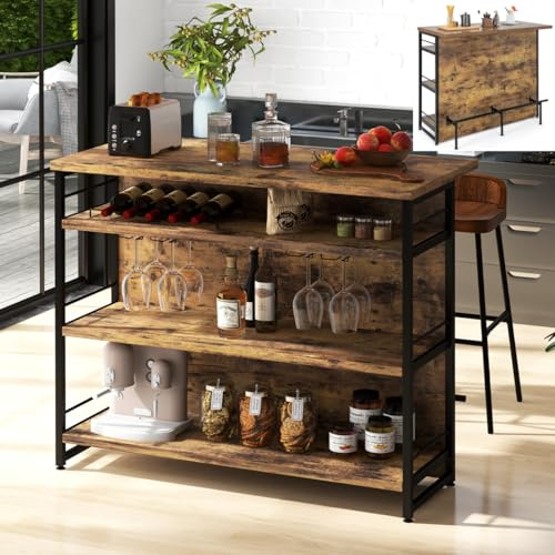 Industrielle Kücheninsel mit Weinregal und Glashaltern, 4 Etagen, Bartisch mit Ablagen und Fußstützen, Metallrahmen, Theke, Hausbar, Weinschrank, Weinschrank (Rustic Brown)