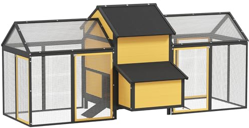 PawHut Poulailler en bois avec nichoir, double parc avec plateau, enclos avec rampe, poulailler pour poules, 247 x 125 x 113,5 cm, jaune