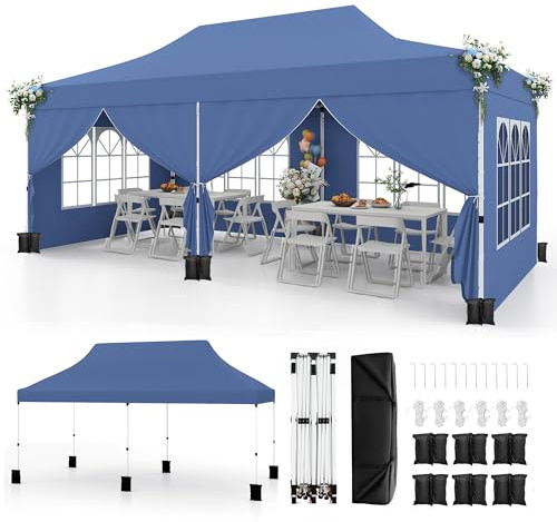 RELAX4LIFE Tonnelle Pliante 3x6 Imperméable avec 6 Parois Amovibles, Barnum Pliant 3x6, Hauteur Réglable, Portes Zippées, Tente de Réception Anti-UV, Sac Transport, Montage sans Outil (Bleu | Parois)