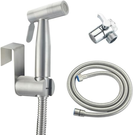 AMeoMerk Dual Function Bidet Sprayer Set for Toilet, Handheld Stainless Steel Spray with Angle Valve, Flexible Hose & Wall Bracket, High Pressure Bathroom & WC Cleaning Kit, Brushed Nickel