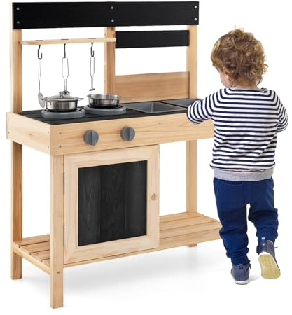 HOMASIS Matschküche Kinder Outdoor, Kinderküche mit 2 Spülen, Herd & Kreidertafel, Spielküche Holz mit Zubehör, Spielzeugküche mit 3 Haken & Regalen, für Kinder ab 3 Jahren