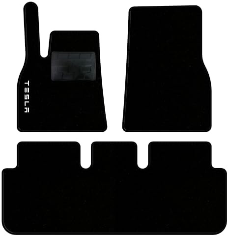 QUEMAR Auto-Fußmatten kompatibel mit Tesla Model S ab 2021 / Set Fußmatten und Gummi nach Maß (Set 2 vorne + 1 hinten) / Stickerei und personalisierte Farben (schwarzer Rand, 1 Stickerei)