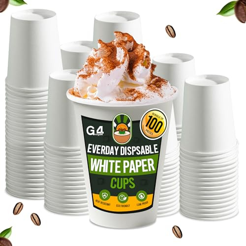 G4GADGET 100 x 8oz (240ml) White Paper Cups – Disposable Coffee/Tea Cups for Hot & Cold Drinks | Recyclable Paper Cups for Office, Home, Party, Events & Takeaway Use