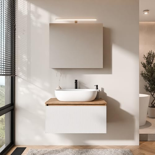 Planetmöbel Arisa Badmöbel Set Waschtisch mit Unterschrank | 80 cm, gold eiche weiß (geriffelt) mit ARIA Spiegelschrank, Waschbecken 60 cm gold eiche weiß, Raumsparsiphon