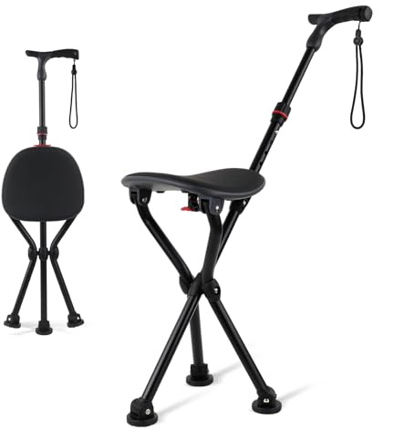 ArcMega Walking Cane with Seat Holding – Folding Lightweight Walking Cane Chair for Seniors, Adjustable Height 32-36, Heavy-Duty 3-Legged Cane Stool for Men Women (Black)