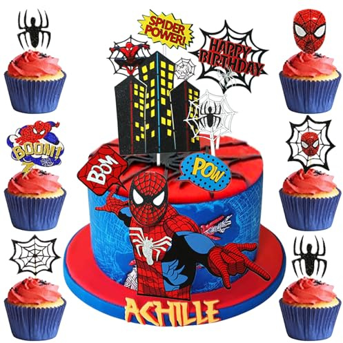 13 Stk Spiderm Tortendeko Nicht Essbare Kinder, Kuchen Deko (E) | Cake Topper aus Papier Jungen, Happy Birthday Topper, Geburtstag Party Supplies