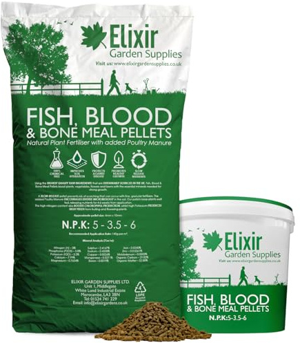 Elixir Gardens Fish, Blood & Bone Meal Pellets | Sustainably Sourced Natural Plant Fertiliser & Soil Conditioner with Added Poultry/Chicken Manure | N.P.K: 5-3.5-6 | 15kg Bag | Treats 107sqm