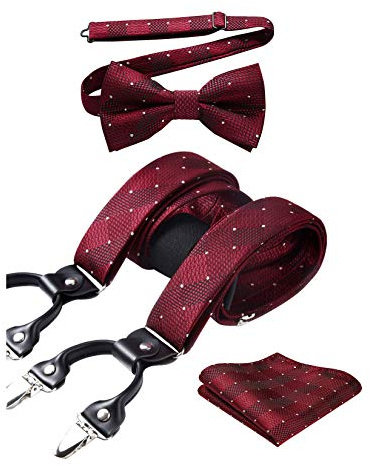 HISDERN Bretelle Uomo Eleganti Bordeaux Plaid Regolabile 6 Clips di e Forma a Y Elastica Bretelle Papillon e Fazzoletto da Taschino Set da Uomo