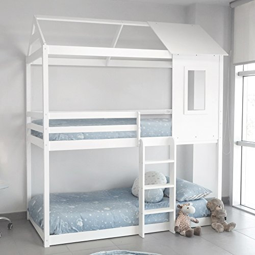 Litera Tipo Montessori con Forma De Casita Medidas 201,5 Cm Ancho X 227 Cm Alto X 97,5 Cm Fondo Madera Maciza, Blanco