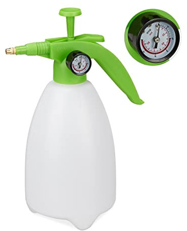 Relaxdays Pumpsprühflasche, einstellbare Messingdüse, Manometer, Garten Schädlingsbekämpfung, 2l Drucksprüher, weiß/grün