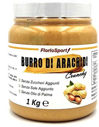 FlorioSport Burro di Arachidi Crunchy, 1000 g Burro di Arachidi Ricco di Pezzi di Arachidi - Croccante e 100% Naturale - Peanut Butter - Adatto per Vegetariani - Senza Zuccheri e Sale Aggiunto.