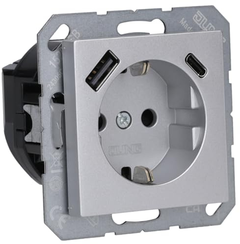 Jung A1520-15CAAL SCHUKO-Steckdose mit USB Typ AC (max. 3A) mit erhöhtem Berührungsschutz (Thermoplast bruchsicher) Aluminium Serie A