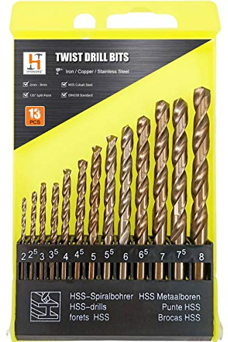 Hymnorq 13-Piece M35 Cobalt Drill Bit Set, Metric 2mm-8mm, HSS Jobber Twist Drill Bits for Hard Metal, Stainless Steel, Cast Iron, Wood, 135° Split Point, Fully Ground with DIN 338 Standard