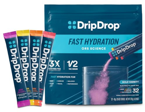 DripDrop Hydration Packets - Bold Variety Pack - Single Serve Electrolytes Powder Drink Mix - Watermelon, Berry, Lemon, Orange - Non-GMO, Gluten Free, Vegan - 32 Sticks
