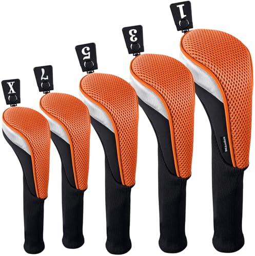 Andux Golfschlägerhauben aus Netzstoff, Langer Hals, Schwarz/Orange, 5 Stück
