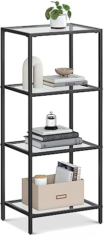 VASAGLE Glasregal mit 4 Ebenen, Bücherregal, Präsentationsständer, gehärtetes Glas, einfache Montage, für Badezimmer, Wohnzimmer, Schlafzimmer, Büro, Schwarz LGT028B61