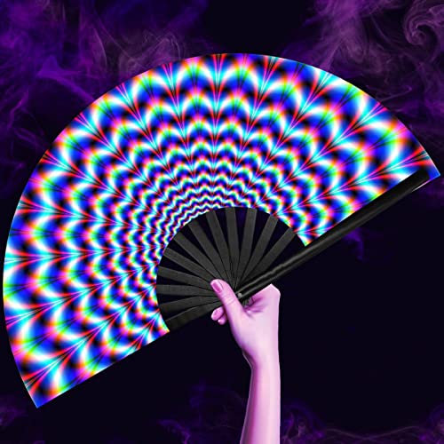 OMyTea UV Glow Rave Fan Faltbarer für Damen/Herren/Drag Queen - Großer Clack Festival Faltbarer Handfächer - für EDM, Musikfestival, Event, Party, Tanz, Auftritt (Trippy)