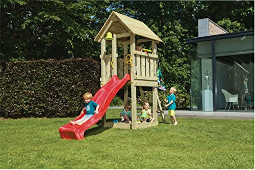 Torre de juego de kiosco de madera de alerce natural, 105 x 105 x 325 cm, con tobogán ondulado en antracita, arenero, anclaje al suelo, escalera y asas