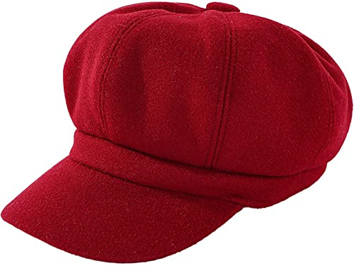 WULIQIUQIU Damen Barett Newsboy Hut Filz Retro Solid Color Cap Classic Herbst Frühling Winter Hüte, rot, Einheitsgröße