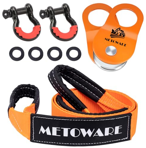 METOWARE Offroad-Bergeset, 7,6 cm x 2,4 m, Baumschoner, Abschleppgurt mit 2 D-Ring-Schäkeln und 10 Tonnen robuster Riemenscheibe