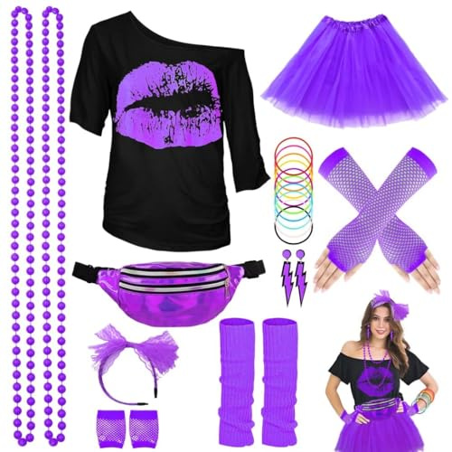 80er Jahre Outfit Damen Set, T-Shirt, Tutu, Gürteltasche, Stirnband, Ohrring, Halskette, Netzhandschuhe, 80er Jahre Kleidung Kostüm Neon Accessoires Thema Party Karneval Clothes-80SMouth-Purple-2XL