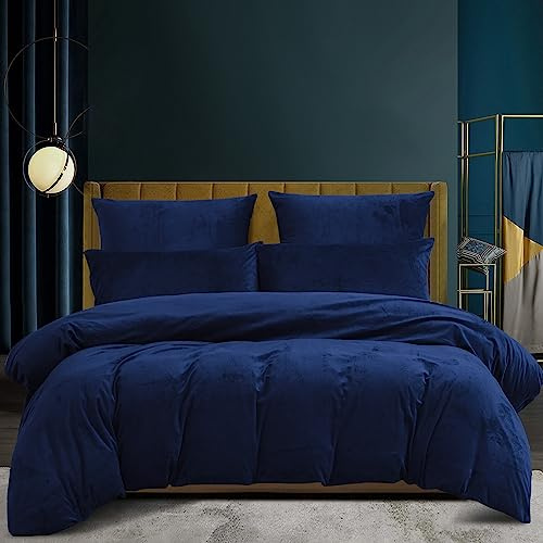 Housse de Couette Hiver 240x260 Chaude Flanelle Toucher Cashmere Polaire Parure de Lit en Velours Bleu Foncé Doux avec Fermeture Éclair, Linge de Lit 2 Personnes avec 2 Taies d'oreiller 65x65 cm