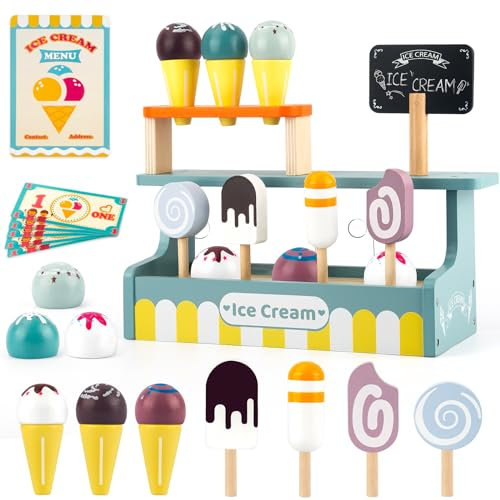 Madrechan Wooden Ice Cream Set, Ice Cream Toys for Kids, Ice Cream Counter with Ice Cream Scoop and Ice Lollies, Ice Cream Role Play Gift for 3 Year Old Girl