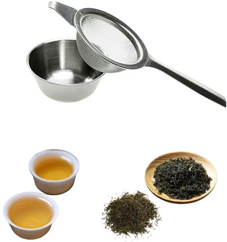 Tea Filter,Tea Strainer Fine Mesh with Long Handle,Stainless Steel Tea Filter with Dripping Bowl,Tea Strainers for Loose Tea,for Straining Loose Tea,Sugar,Spices,Herbs(Silver)