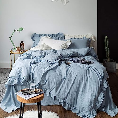 Lanqinglv Rüschen Bettwäsche 200x220 Gräuliches Blau Romantisch Aesthetic | Doppelbett,ÖKO-TEX Zertifiziert,für Allergiker,Landhausstil,Bettbezug mit Reißverschluss 2 Kissenbezug 80x80,aus Microfaser