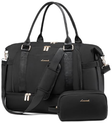 LOVEVOOK Sporttasche Reisetasche Damen, Weekender Travel Duffle Bag mit Kulturtasche, Schuhfach & Nassfach, Wasserdicht Gym Bag Overnight Bag, Handgepäck Tasche für Sport Reisen Flugzeug, Schwarz