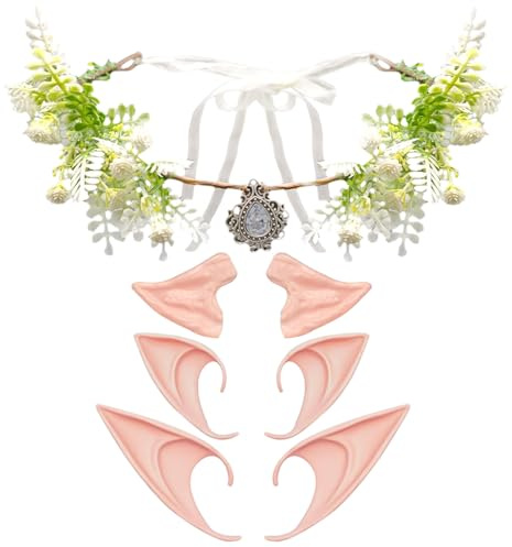EUPSIIU Stirnband mit Elfenohren 3 Paar Waldblumenkrone Waldfee Strass Stirnband Kopfschmuck, Party Elfen Ohren Cosplay Zubehör for Kinder Erwachsene Halloween Karneval Partydekorationen