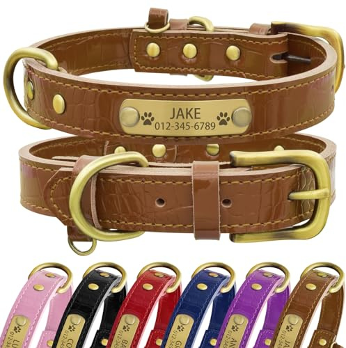 Senristar Personalisierte Hundehalsband aus Echtem Leder mit Eingraviertem Namensschild - Langlebiges und Stilvolles Hundehalsband für Kleine, Mittlere und Große Hunde (XS, Braun)