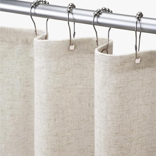 Awellife Duschdraperi i linne, texturerat tyg, bohemisk, lantlig stil, duschgardin med tygfoder för badrum, gräddvit, 91 x 183 cm (B x L)