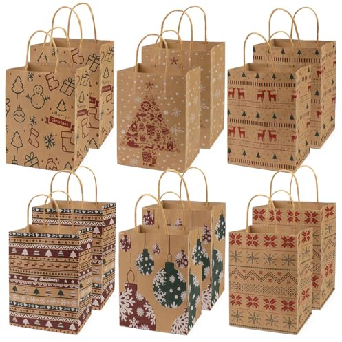 12 x Weihnachtstüten für Geschenke mit Griffen, mittelgroße Taschen für Geschenke, wiederverwendbare Kraftpapiertüten für Weihnachtsgeschenke, Weihnachtsfeiertage