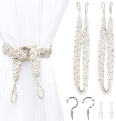 Vorhang-Raffhalter, 2er-Pack, Vorhang-Seilschnalle, elegante Vorhang-Raffhalter im Boho-Stil, handgestrickte Vorhang-Raffhalter mit Metallhaken für Zuhause, Büro, Wohnzimmer, Schlafzimmer (Beige)