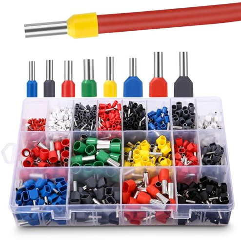 Set di Capicorda Elettrici da 1200 Pezzi, Contenente Terminali Elettrici Singola da 0,3~16 mm² e Puntalini Doppi da 0,5~6 mm², Puntalini Elettrici a Crimpare per Prodotti Elettronici Fai Da Te