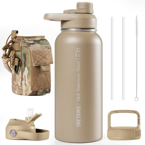 ONETIGRIS 32oz Insulated Tactical Water Bottle with Straw & MOLLE Sleeve | Double-Walled Vacuum Cold for 48 Hrs,3 Leakproof Lids, BPA-Free Seal, 304 Stainless Steel, Wide-Mouth, Paracord Handle