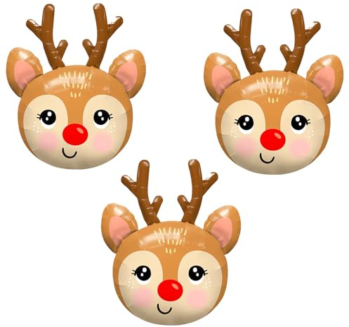 Koboko Reh Deko Weihnachten Ballons, 3 Stück Rentierballons Weihnachtsfeier Deko, Weihnachtshirsch Deko Weihnachtsluftballons, Rentier Luftballons Weihnachten, Hirsch Ballon für Weihnachtsparty Deko